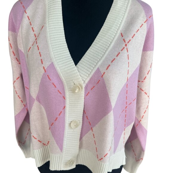 Isaac Mizrahi XSmall Pink & Cream Argyle Button Cardigan - Picture 1 of 6